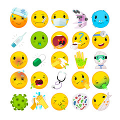 Obraz premium Collection of health issues and illness symptoms emoticons. Health care and treatment emoji. Isolated vector emoji for clinic infographics. Part 1 of 2