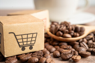 Box with shopping cart logo symbol on coffee beans, Import Export Shopping online or eCommerce...