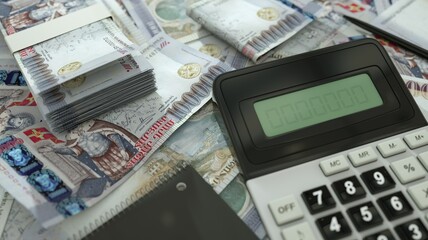 100000 Armenian dram notes spread out  with a calculator, pen and notebook. 3d rendering