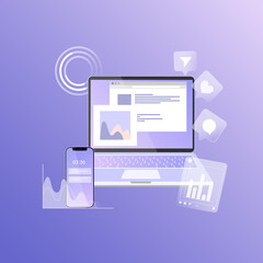Vector illustration  computer, charts, internet indicators and smartphone. Concept of online tool or service for social media analytics and SMM for website, app, banner, or flyer