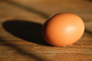 Macro shot of a brown egg on a kitchen cutting board