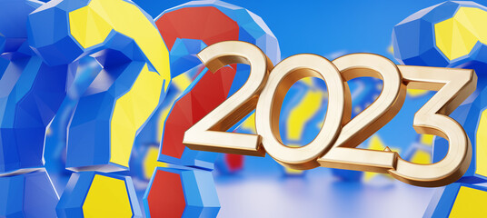 golden 2023 symbol and question marks colored as the flag of Europe 3d-illustration