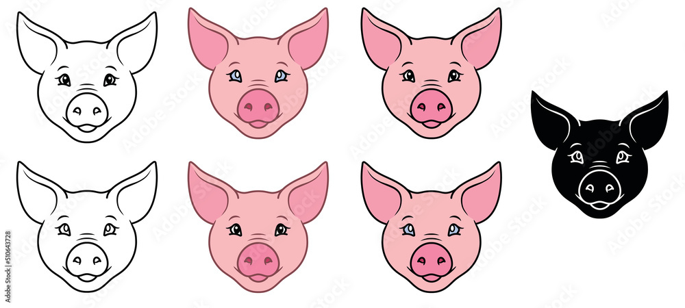 Wall mural Cute Pig Face and Head Clipart Set - Outline, Silhouette and Color - Wall murals