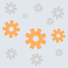 three orange gears on a background of gray gears