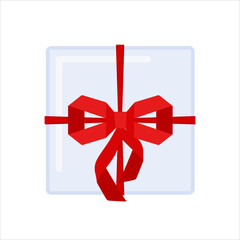 Gift box with red ribbon and bow knot in top view. Festive package for happy birthday, wedding, Christmas day celebration. Vector illustration.