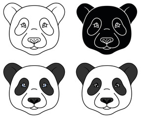Cute Panda Face / Head Clipart Set - Outline, Silhouette and Color