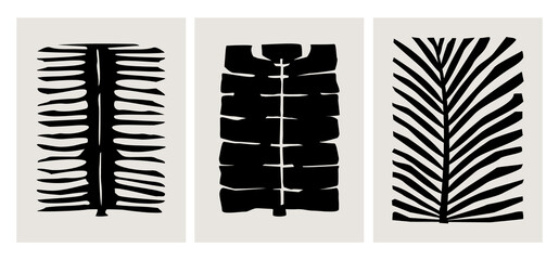 abstract geometric plants leaves, modern wall art graphic prints templates, ink foliage vector illustration