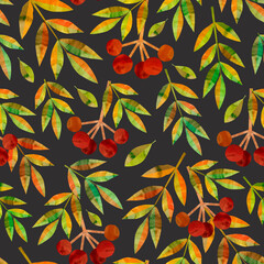 Obraz premium Seamless fall pattern with leaves and red rowan berries on a dark background. Painted with watercolor in collage technique.