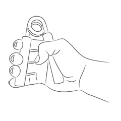 Wrist spring expander in hand, from contour black brush lines different thickness on white background. Vector illustration.