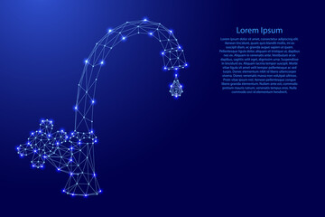 Water tap with valve and drop, from futuristic polygonal blue lines and glowing stars for banner, poster, greeting card. Vector illustration.