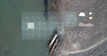  Digital interface with data processing over aerial view of sea and land © vectorfusionart