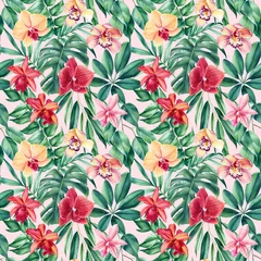 Fototapete Rund Tropical leaves, orchid flowers. palm leaf. Watercolor botanical painting. Seamless pattern © Hanna