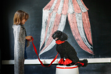 Child arranges performance, chalk drawing and live dog.