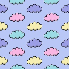 Multicolored clouds in cartoon style, seamless square pattern