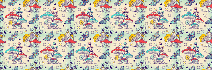 Wallpaper with mushroom. Retro surreal wallpaper with fun fungi and toadstools. Boho Celestial vision, floral tricky seamless pattern.