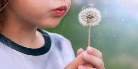girl blowing on a dandelion close-up