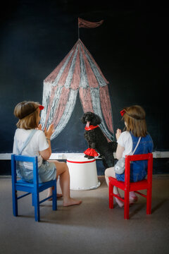Two children watch poodle dog perform in front of painted circus, children clap their hands and rejoice in dog's performance. Black poodle is circus performer. Children and pet play circus.