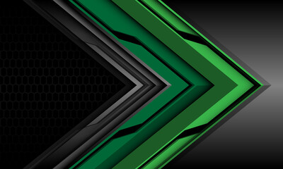 Obraz premium Abstract green black metallic arrow direction geometric with grey hexagon mesh design modern futuristic technology background vector