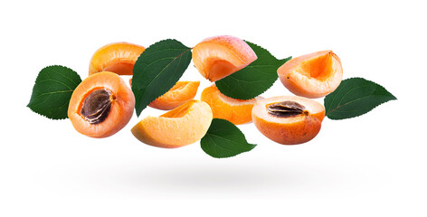 Apricots isolated on white background.Natural photo collage