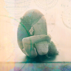 Inner Journey yoga woman in a deep introverted pose with cosmic maps overlaid. Mixed media photo...