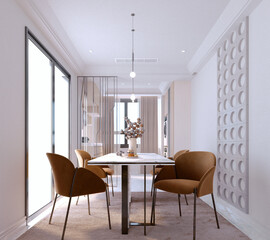 3d rendering,3d illustration, Interior Scene and  Mockup,Modern Style Dining Room Chairs Colored Seats Marble Table.