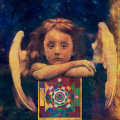 The Present Moment. Girl angel with mandala gift box. Julia Margaret Cameron vintage photo digitally remixed with sacred imagery.  - obrazy, fototapety, plakaty