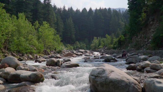Water flow. Mountain river. Himalaya Himachal. Slow motion.