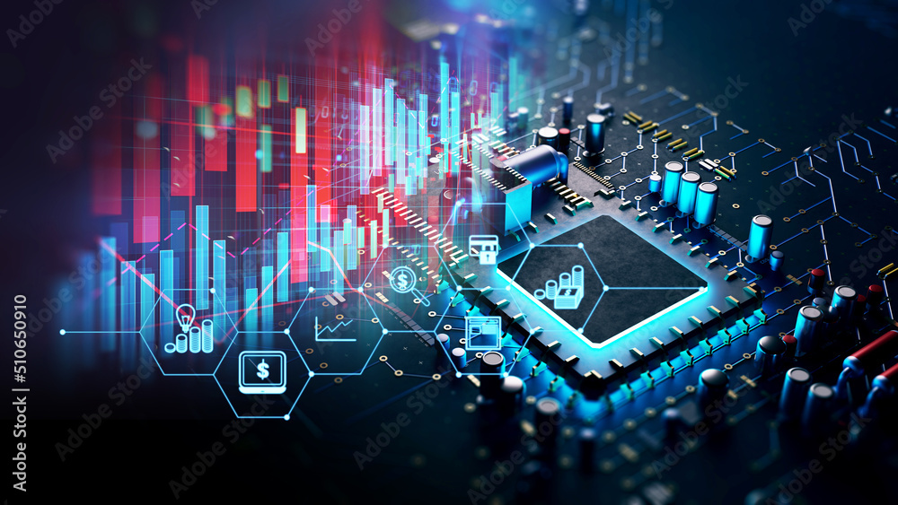 Aufkleber 3d rendering  of futuristic blue circuit board and cpu