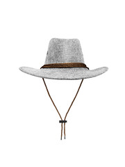Cowboy style straw hat with rope hanging isolated on white background.