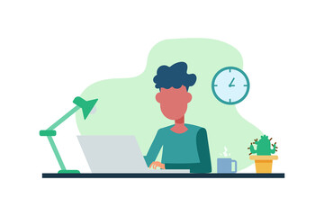 Office worker. Man is working at his laptop in the office interior. vector illustration