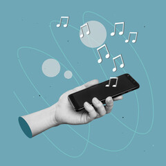 Black blank screen of mobile phone with musical notes symbols in female hand isolated on blue color background. 3d trendy collage in magazine style. Contemporary art. Modern design. Listening to music