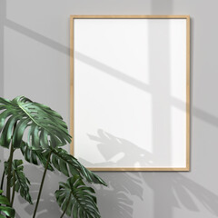 empty mockup photo frame on wall in room interior close up . Modern and floral concept of shelves.