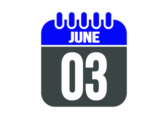 Calendar day 3 June. Vector calendar icon for June days in blue and gray.