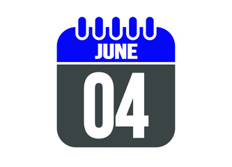 Calendar day 4 June. Vector calendar icon for June days in blue and gray.