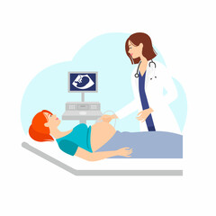 Pregnant woman getting an ultrasound.  Vector illustration of a pregnant doing ultrasonography.