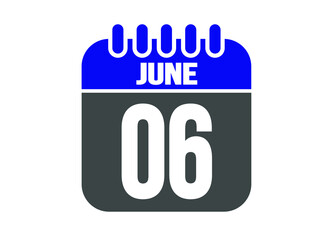 Calendar day 6 June. Vector calendar icon for June days in blue and gray.