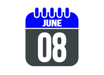 Calendar day 8 June. Vector calendar icon for June days in blue and gray.