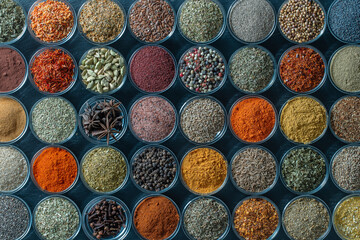 Assortment of aromatic spices, seeds and dry herbs for cooking food
