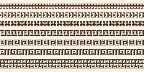 Greek key pattern, seamless border collection. Decorative ancient meander, greece ornamental set with repeated geometric motif. Vector EPS10.