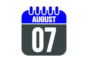 Calendar day 7 august. Vector calendar icon for august days in blue and gray.