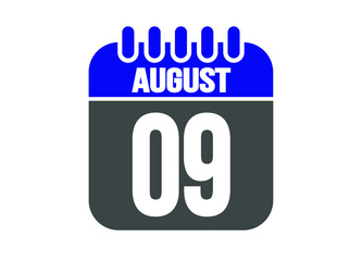 Calendar day 9 august. Vector calendar icon for august days in blue and gray.