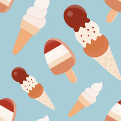 Ice Cream Seamless Pattern with sweet elements – ice cream cone, popsicle. Vector Illustration.