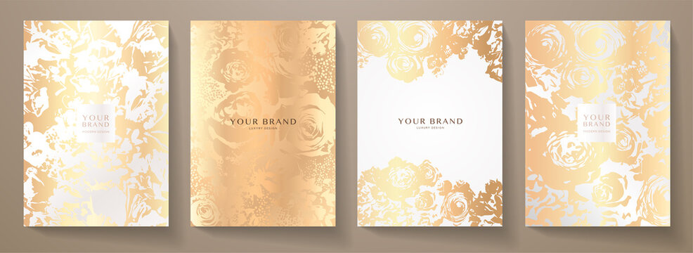 Flourish elegant cover design set. Luxury fashionable background with gold floral pattern. Flower abstract vector template for wedding invite, makeup catalog, brochure template, flyer, presentation