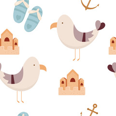 Summer Beach Seamless Pattern with beach elements – cute seagull, sand castle, anchor, flip flops. Vector Illustration.