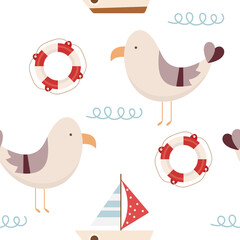 Summer Beach Seamless Pattern with marine elements – cute seagull, sail boat, lifebuoy. Vector Illustration.