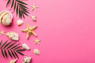 Obraz premium Summer time concept Flat lay composition with beautiful starfish and sea shells on colored table, top view with copy space for text