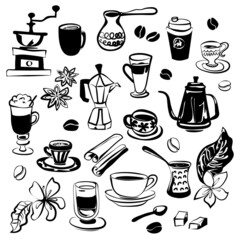 Black and white set of coffee mugs, coffee pots, coffee flowers, beans and coffee accessories. Simple black line drawing celebrating the preparation of different types of coffee