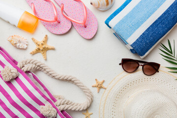 Summer vacation concept flat lay. beach accessories and towel top view. Space for text. travel concept © sosiukin