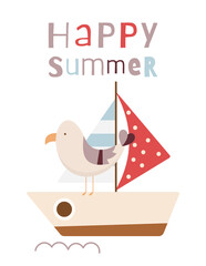 Cute Seagull on Sail Boat Summer Poster. Vector Illustration. Kids cartoon illustration for baby clothes, greeting card, wrapper, beach party. Text Happy Summer.