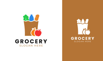 Grocery logo design with a paper bag and food concept